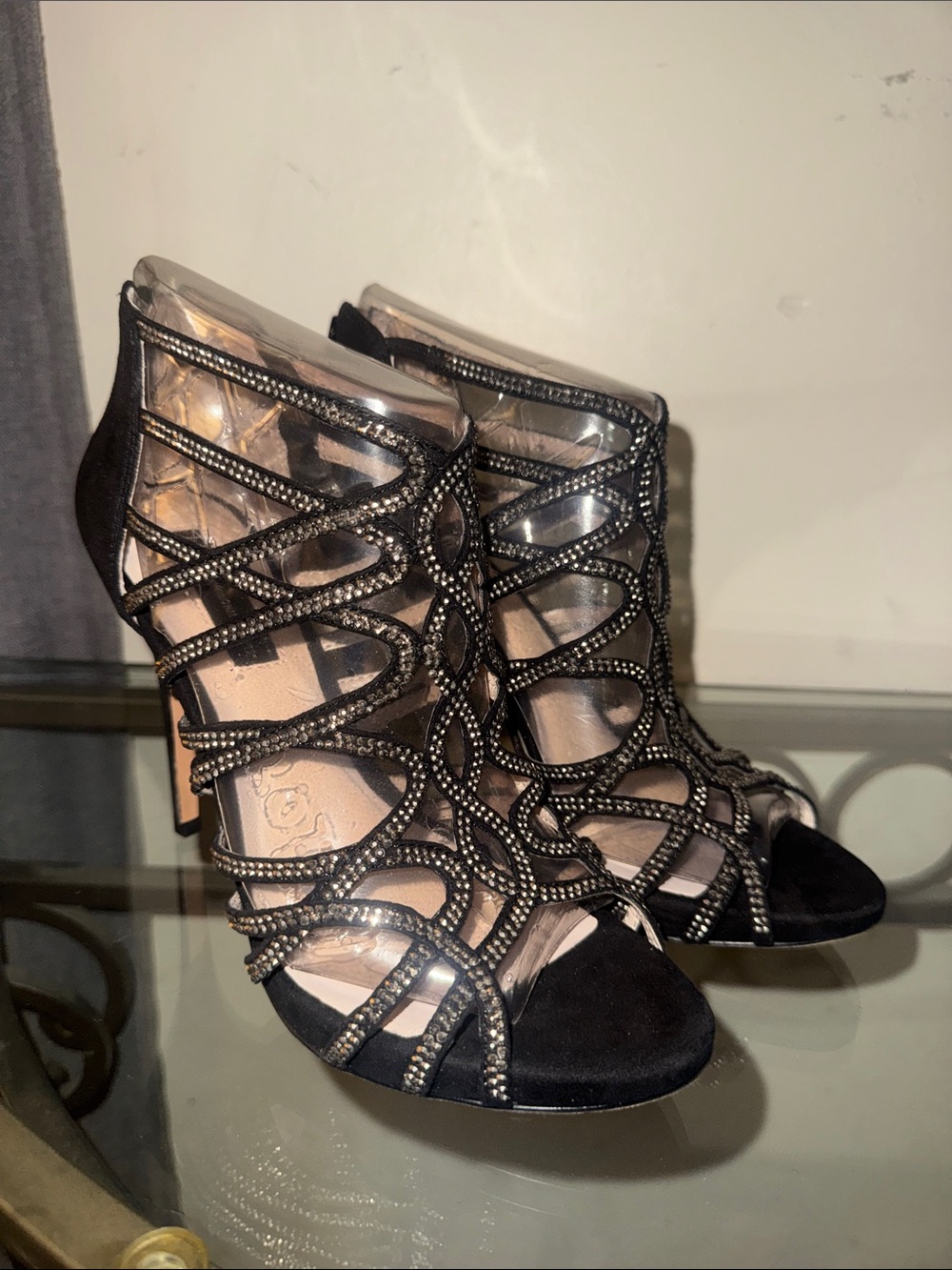 INC International Concepts Black Crystal Cage Heeled Sandals